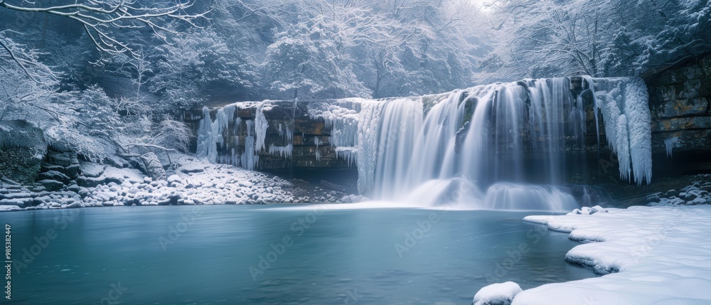 Fototapeta premium Serene Winter Waterfall in Snowy Landscape