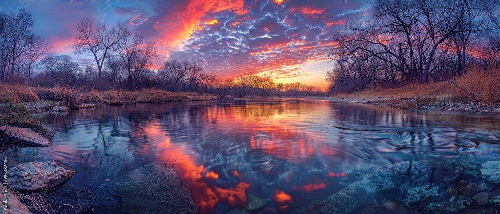 Stunning Sunset Over Calm River with Vibrant Clouds Stunning Sunset Over Calm River with Vibrant Clouds