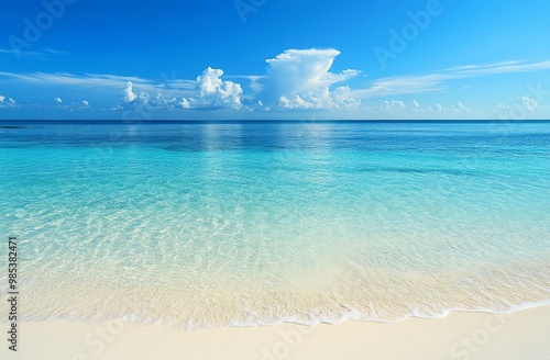 Crystal clear turquoise water laps onto a pristine white sandy beach with a vibrant blue sky and fluffy white clouds.