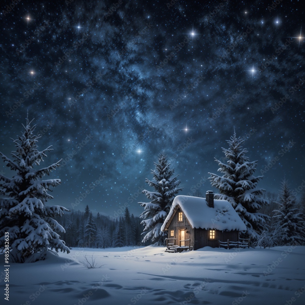 Fototapeta premium A peaceful winter night landscape with a small cabin under a starry sky, ideal for holiday or winter-themed designs.