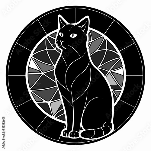 Stained Glass Christmas Cat round sign Black Vector silhouette