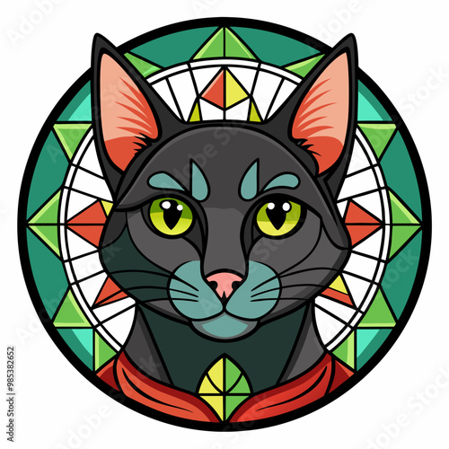 Stained Glass Christmas Cat round sign Black Vector silhouette