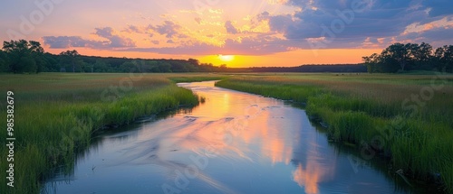 Serene Sunset Over Tranquil River Landscape