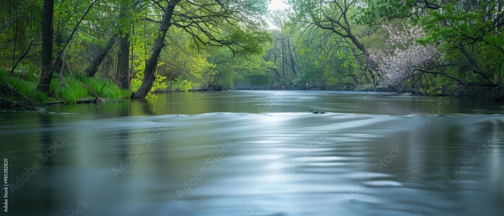Fototapeta premium Calm River Surrounded by Lush Greenery and Blossoms
