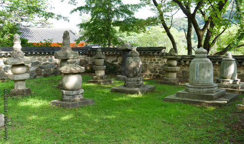 Yangpyeong-gun, Gyeonggi-do, South Korea - March 19, 2015: Budo(stupa) towers at Yongmunsa Temple. Budo is a round stone tower built with sari and remains of a highly virtuous monk 