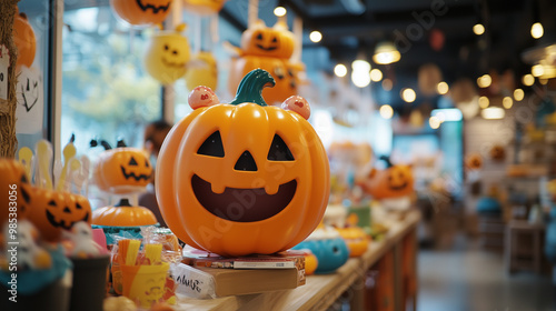 Halloween-themed cafe filled with whimsical pumpkin monster decorations, guests in adorable costumes engage in a festive prize hunting game, creating a lively and enchanting atmosphere.