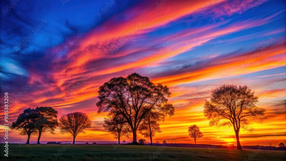 Vibrant sky and silhouetted trees in a peaceful landscape at sunset, sunset, landscape, sky, colors, vibrant, peaceful, tranquil Vibrant sky and silhouetted trees in a peaceful landscape at sunset, sunset, landscape, sky, colors, vibrant, peaceful, tranquil
