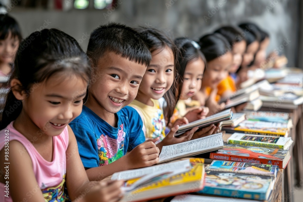 A community learning center in Vietnam, with adults and children participating in literacy programs, surrounded by books and eager students A community learning center in Vietnam, with adults and children participating in literacy programs, surrounded by books and eager students