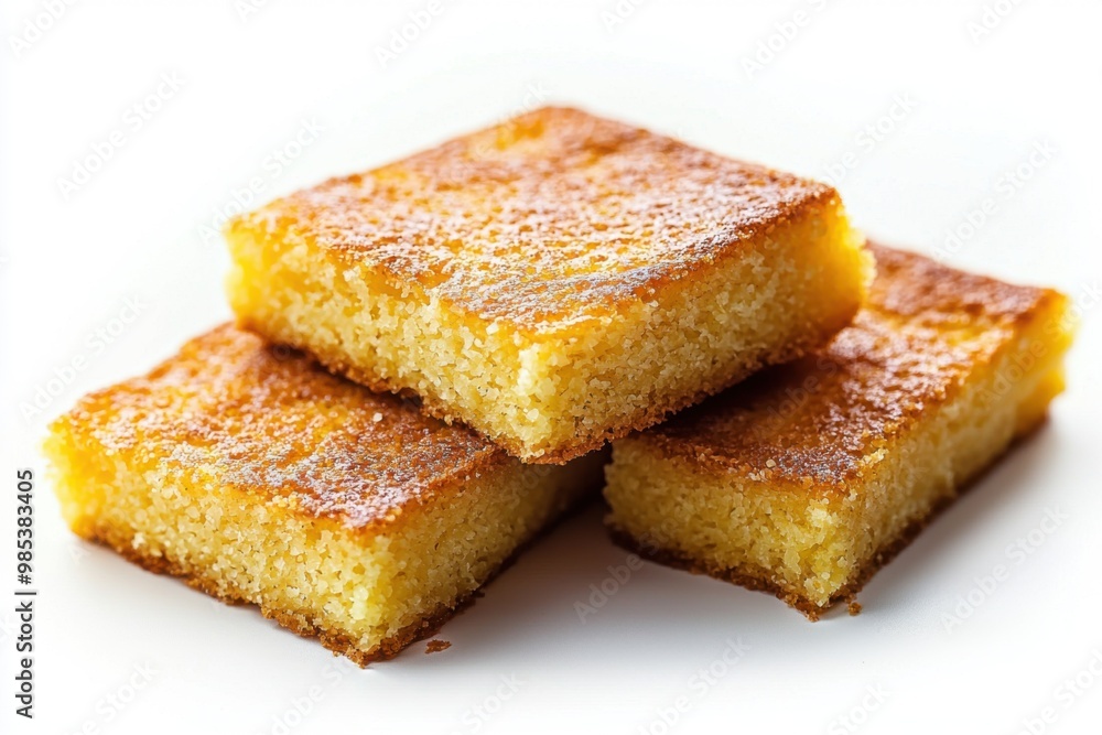 Close-up of Three Pieces of Cornbread on White Background. Close-up of Three Pieces of Cornbread on White Background.