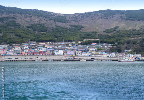 Sinan-gun, Jeollanam-do, South Korea - April 17, 2015: Houses and fishing boats at Gageodo Port of Gageodo Island