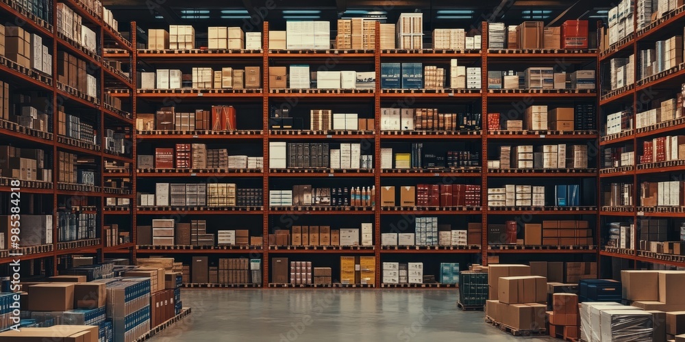 Fototapeta premium A large warehouse with stacked boxes on shelves and pallets in the middle of the aisle, with a forklift in the background.