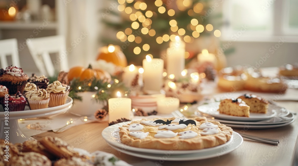 A cozy family dinner table set with Halloween treats like ghost-shaped cookies pumpkin pies A cozy family dinner table set with Halloween treats like ghost-shaped cookies pumpkin pies