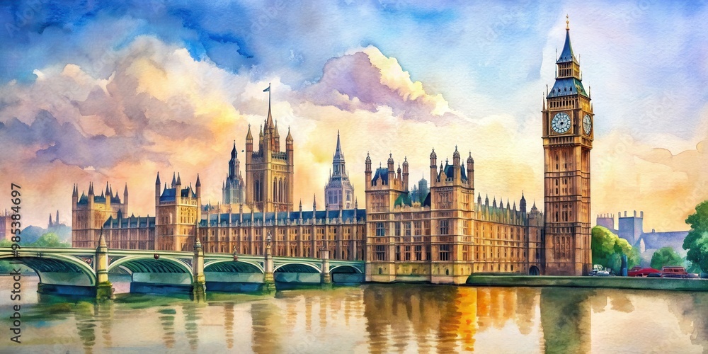 Fototapeta premium Artistic watercolor painting of Big Ben and the Houses of Parliament in London, England , art, watercolor