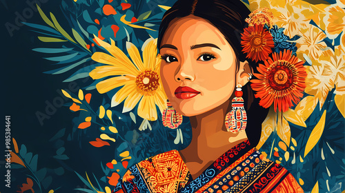A filipino woman wearing traditional attire, adorned with intricate patterns and vibrant colors. Traditional Costume. Illustration