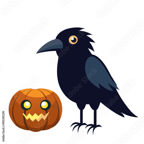 Raven's Halloween Perch: A spooky black raven perches beside a carved pumpkin, setting the scene for a haunting Halloween.