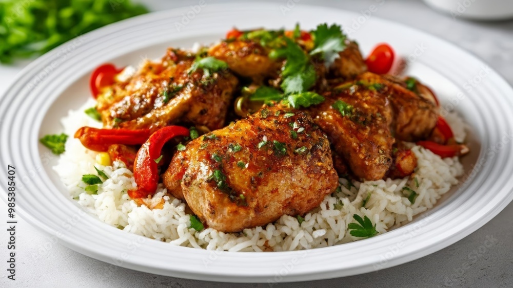 Deliciously seasoned chicken and rice dish ready to be savored Deliciously seasoned chicken and rice dish ready to be savored