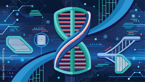 DNA Double Helix in Light Blue Futuristic Style on Technology Background with Circuit Vector Illustration