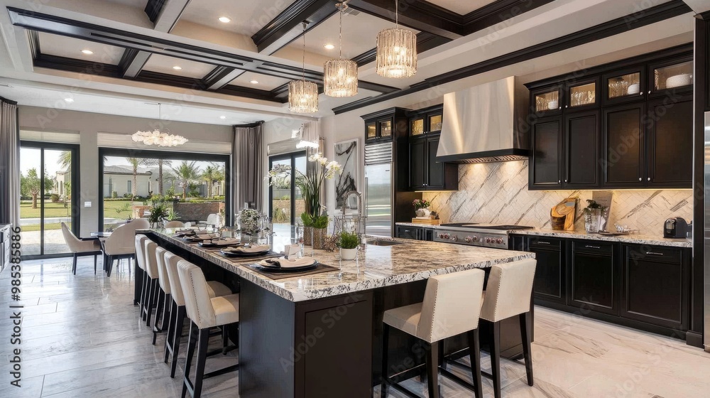 Contemporary open-concept kitchen with dark cabinetry, marble countertops, and an oversized island with built-in sink and cooktop. Contemporary open-concept kitchen with dark cabinetry, marble countertops, and an oversized island with built-in sink and cooktop.