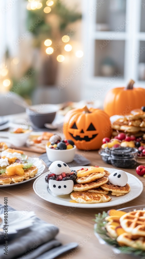 A cozy family Halloween breakfast with jack-o-lantern pancakes ghost waffles A cozy family Halloween breakfast with jack-o-lantern pancakes ghost waffles