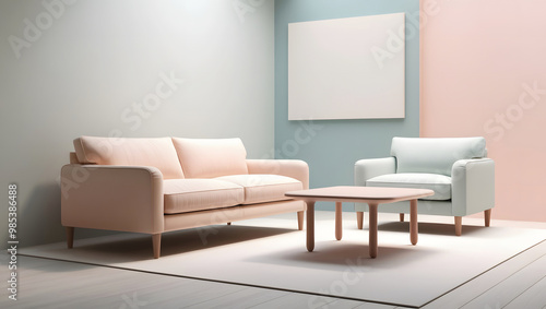 Scandinavian Minimalist Interior Sofa and Coffee Table with Pastel Colors Empty Wall Mockup 3D Illustration. photo