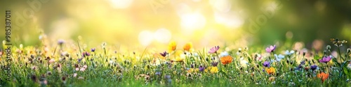 A field of colorful wildflowers in full bloom with a bright sun shining in the background.