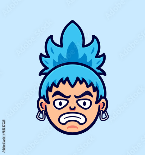 Cartoon Vector Illustration of an Angry Character with Blue Hair and Earrings, Expressing Emotion through Bold Facial Features