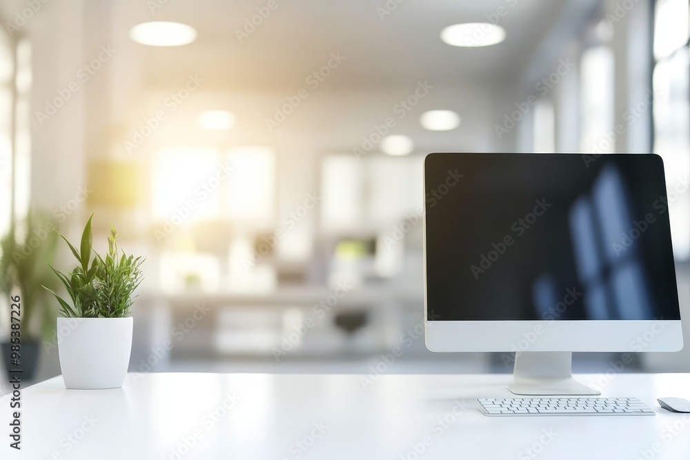 Close up of a white computer desktop with a monitor, keyboard and mouse with a potted plant in the foreground and a blurred office in the background. Close up of a white computer desktop with a monitor, keyboard and mouse with a potted plant in the foreground and a blurred office in the background.