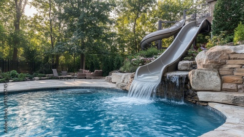 Large swimming pool with natural stone tiles and a custom-designed water slide, perfect for family fun and entertainment.