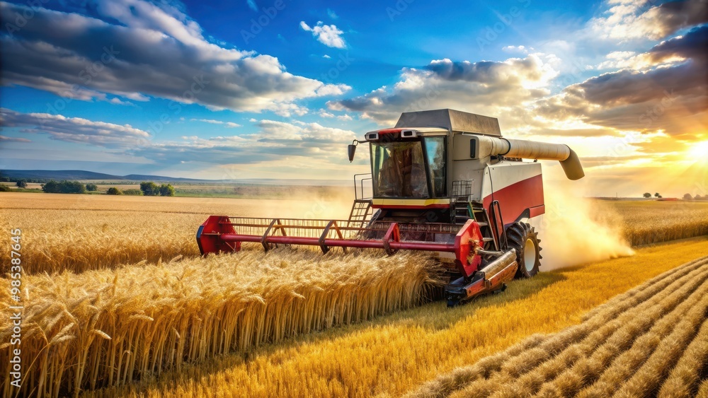 Fototapeta premium Combine harvester machine threshing grains in a golden wheat field, agriculture, farming, rural, crop, machinery