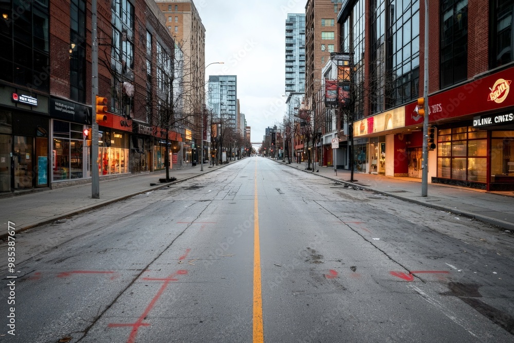 A deserted downtown area, formerly bustling with commerce, now empty and silent, depicting the economic devastation A deserted downtown area, formerly bustling with commerce, now empty and silent, depicting the economic devastation