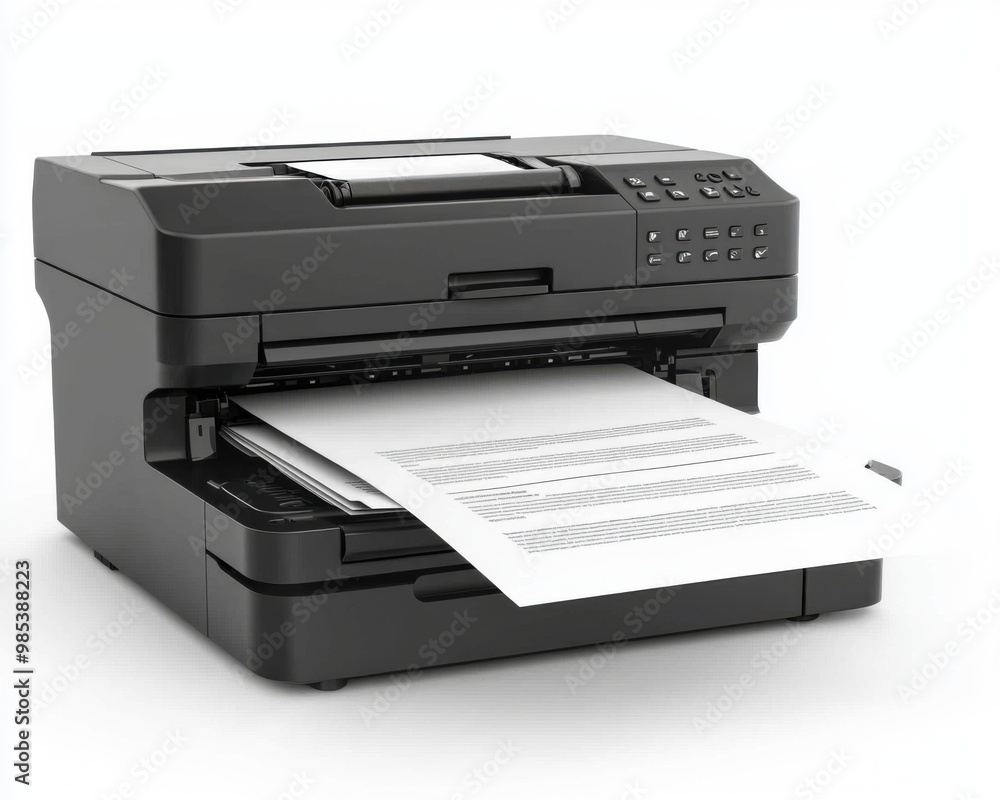 Black Office Printer With Paper Coming Out. Black Office Printer With Paper Coming Out.