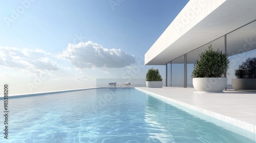 Minimalist swimming pool with clear, blue water reflecting the sky, bordered by white stone tiles and modern planters.