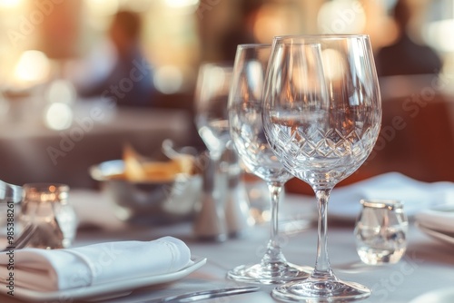 Two empty wine glasses sit on a white tablecloth in a restaurant, ready for a delicious meal.