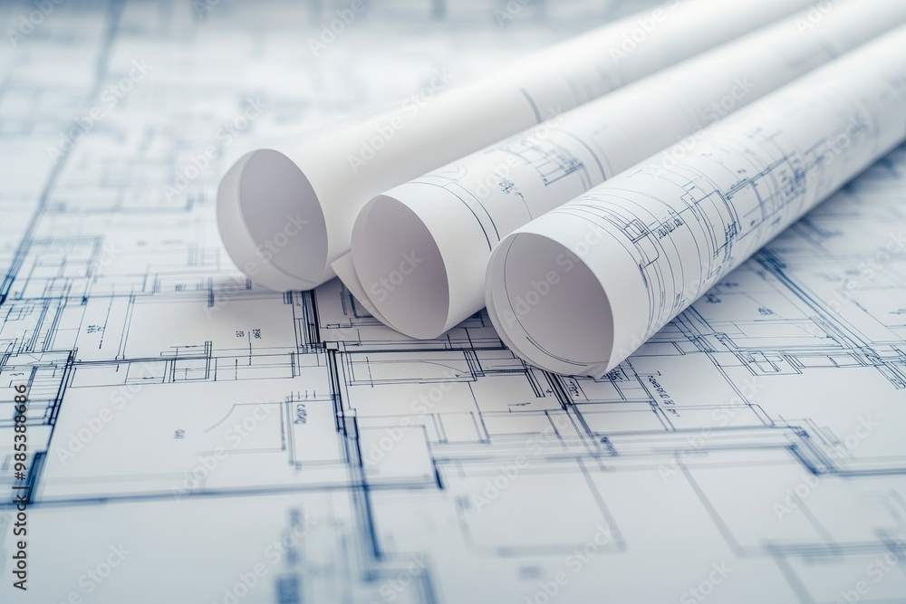 Rolled up blueprints with a floor plan design on white paper. Rolled up blueprints with a floor plan design on white paper.