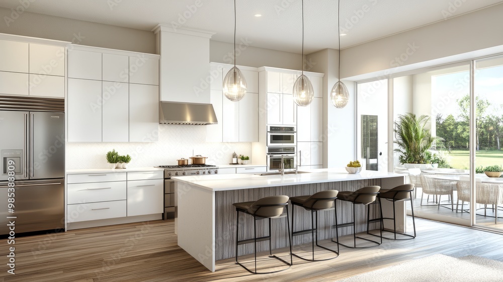 Modern kitchen with sleek white cabinets, stainless steel appliances, and a large center island with bar stools, under pendant lighting. Modern kitchen with sleek white cabinets, stainless steel appliances, and a large center island with bar stools, under pendant lighting.