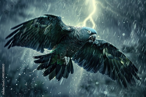 A bird with a blue head is flying in the rain photo