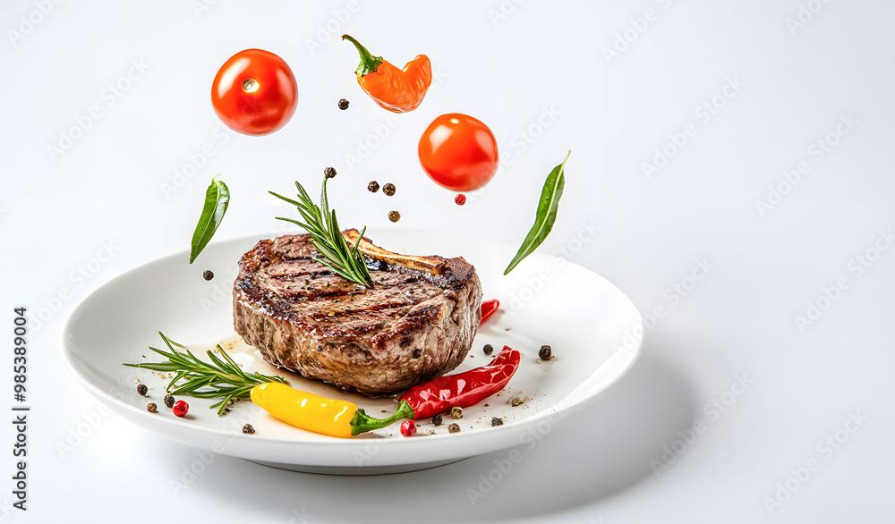 grilled beef steak with vegetables, Grill Beef Meat Steak Menu on white plate with fall ingredients grilled beef steak with vegetables, Grill Beef Meat Steak Menu on white plate with fall ingredients