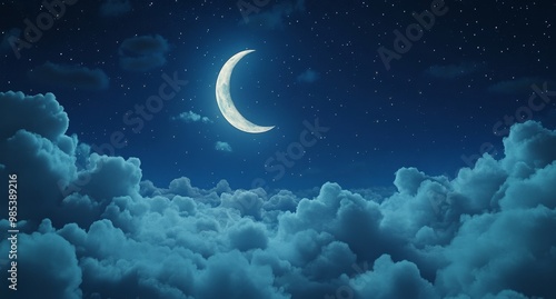 A crescent moon shines in a night sky full of stars above a layer of clouds.