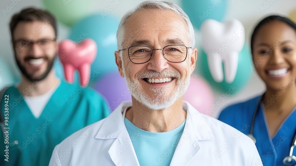 Dentist smiling with colleagues at a retirement party, surrounded by dental-themed decorations, symbolizing a joyful farewell Dentist retirement, Dental-themed party Dentist smiling with colleagues at a retirement party, surrounded by dental-themed decorations, symbolizing a joyful farewell Dentist retirement, Dental-themed party