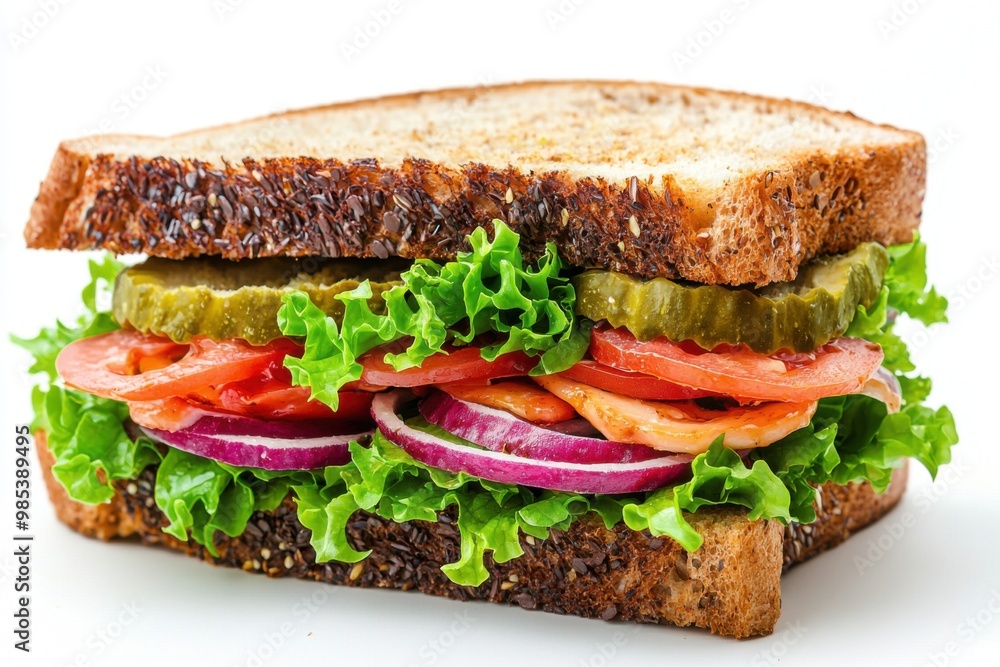 Delicious Sandwich with Lettuce, Tomato, Onion, and Pickle on Whole Wheat Bread. Delicious Sandwich with Lettuce, Tomato, Onion, and Pickle on Whole Wheat Bread.