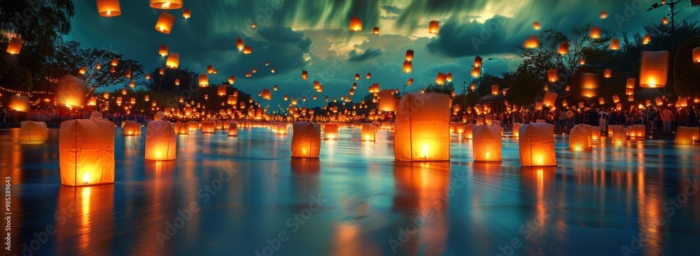 Obraz premium Serene Night with Lanterns Reflected in Water