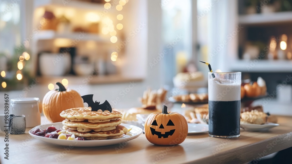 A cozy Halloween breakfast with jack-o-lantern pancakes bat waffles A cozy Halloween breakfast with jack-o-lantern pancakes bat waffles