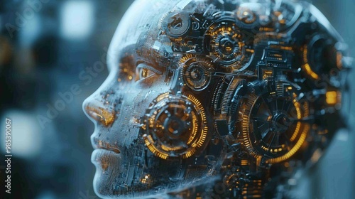 A futuristic robotic head with intricate circuits and glowing elements, symbolizing advanced technology and artificial intelligence.