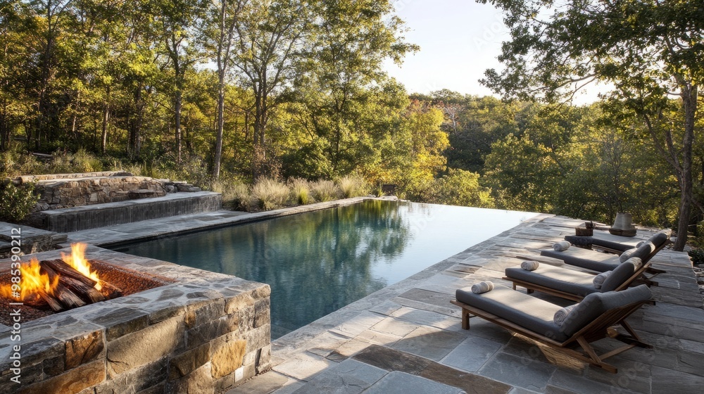Outdoor swimming pool with a rustic, stone patio and cozy firepit, blending modern design with natural surroundings. Outdoor swimming pool with a rustic, stone patio and cozy firepit, blending modern design with natural surroundings.