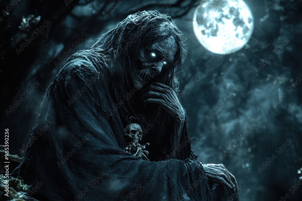 A creepy skeleton is sitting in the woods with a skull in his lap A creepy skeleton is sitting in the woods with a skull in his lap