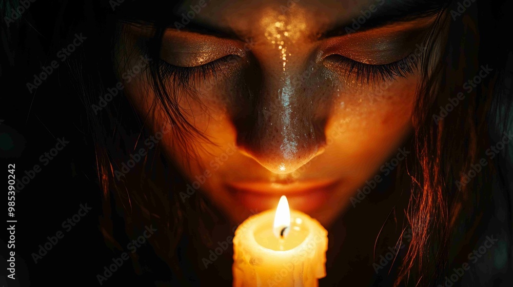 A close-up of a person gazing at a glowing candle, evokes a sense of introspection and warmth, enhanced by soft light and a serene expression. A close-up of a person gazing at a glowing candle, evokes a sense of introspection and warmth, enhanced by soft light and a serene expression.