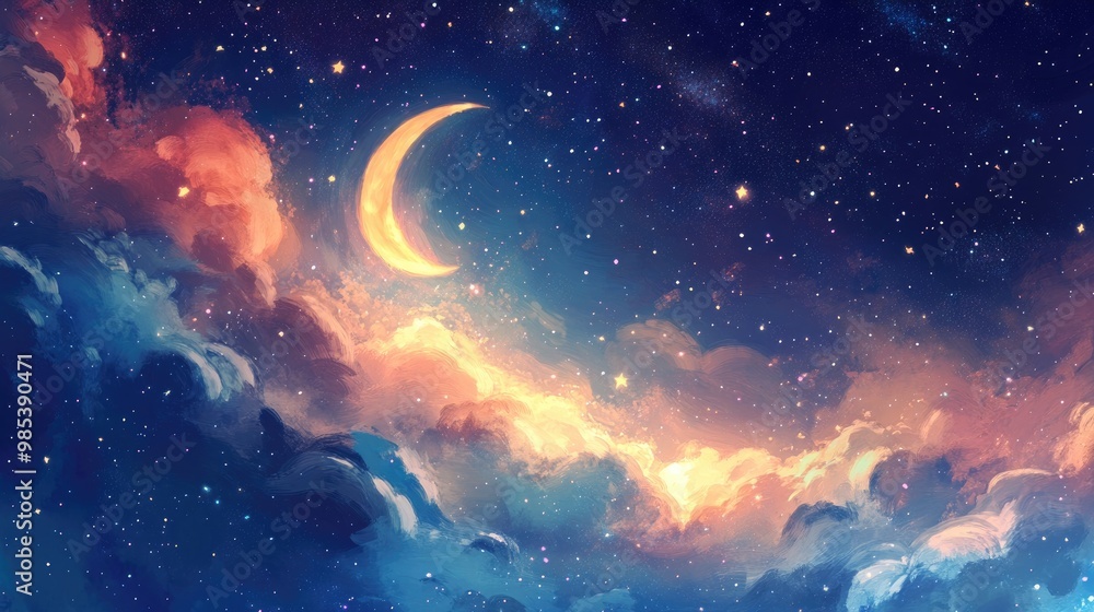 Beautiful tiny stars glowing softly in the sky, set against a dynamic, realistic backdrop of swirling colors and moonlit clouds Beautiful tiny stars glowing softly in the sky, set against a dynamic, realistic backdrop of swirling colors and moonlit clouds
