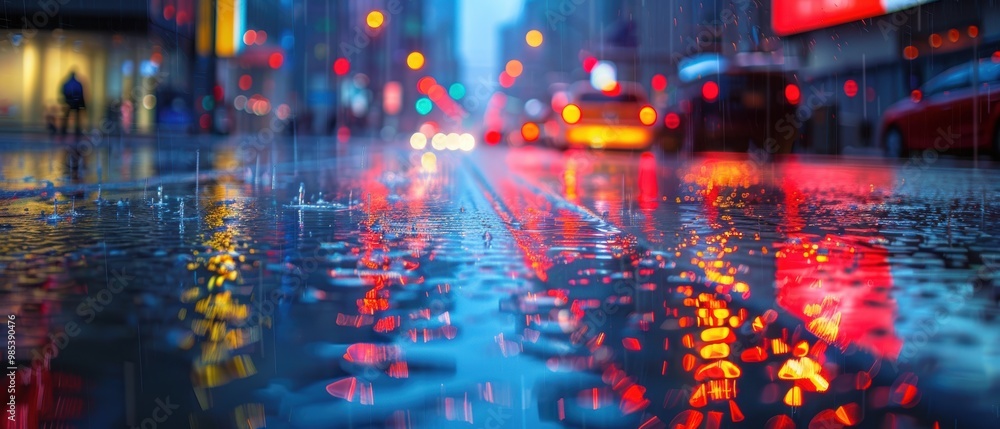 Rainy City Streets with Colorful Reflections at Night Rainy City Streets with Colorful Reflections at Night