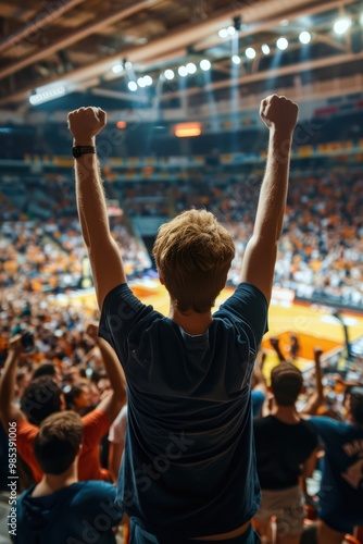 Young man in navy blue t-shirt raises arms in celebration amidst cheering crowd at packed basketball stadium. The atmosphere is electric as fans watch the game unfold on the court below. photo