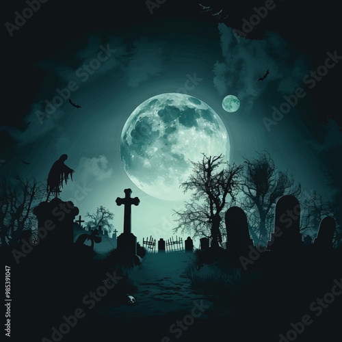 Dark halloween background with cemetery and full moon, Halloween elements, Happy Halloween